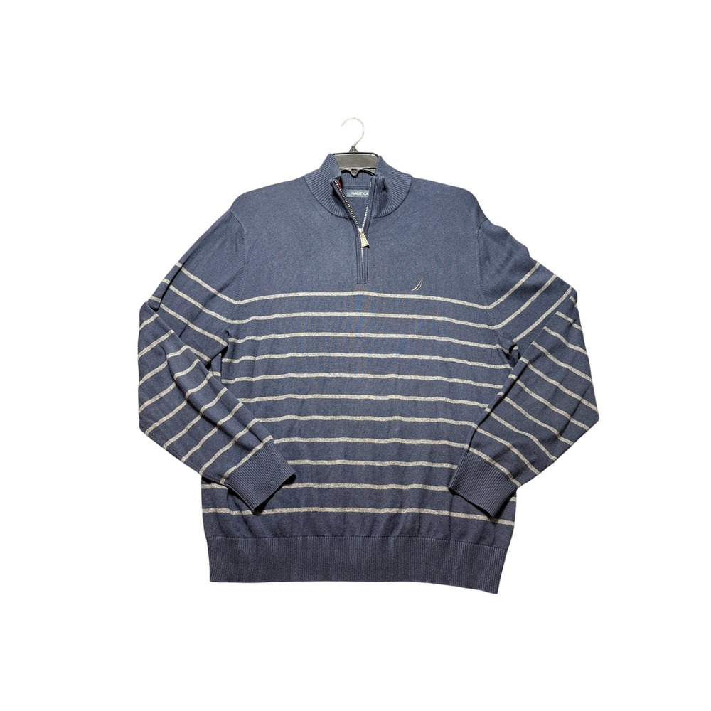 Nautica‎ Quarter Zip Sweater Mens XL Blue Excellent Striped Cotton